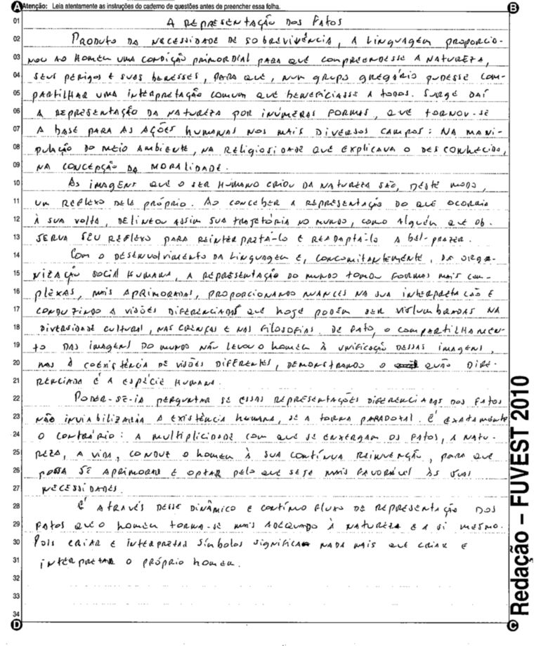 Melhores reda&ccedil;&otilde;es da Fuvest 2010: 'A representa&ccedil;&atilde;o dos fatos'