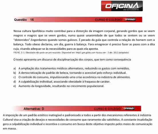 Enem 2012: corre&ccedil;&atilde;o da quest&atilde;o 16