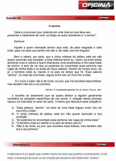 Enem 2012: corre&ccedil;&atilde;o da quest&atilde;o 98