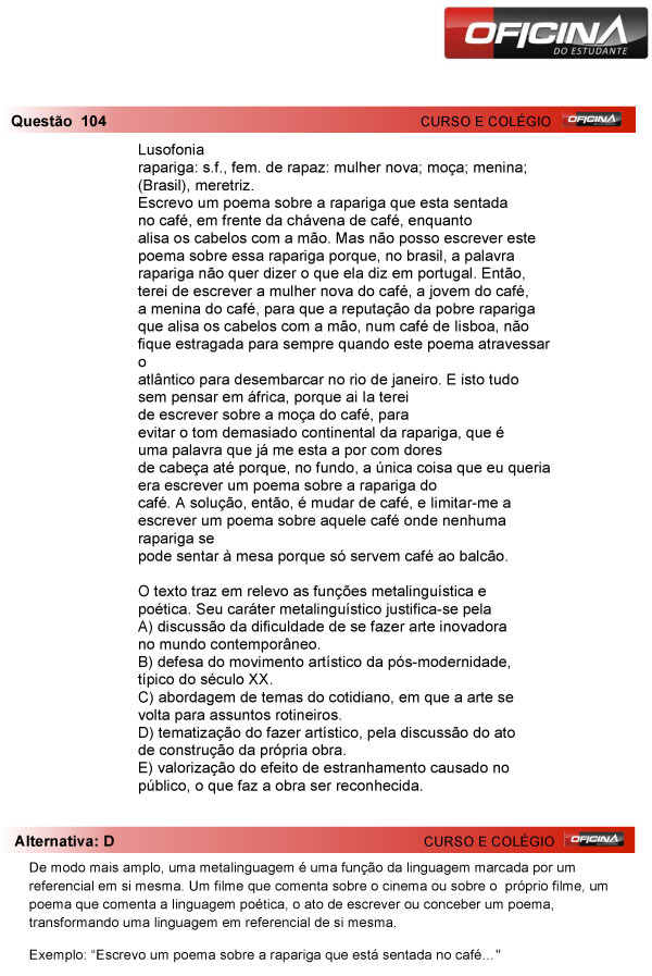 Enem 2013 – Correção da questão 104 – Linguagens e Códigos