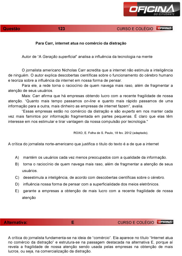 Enem 2013 &ndash; Corre&ccedil;&atilde;o da quest&atilde;o  123 &ndash; Linguagens e C&oacute;digos