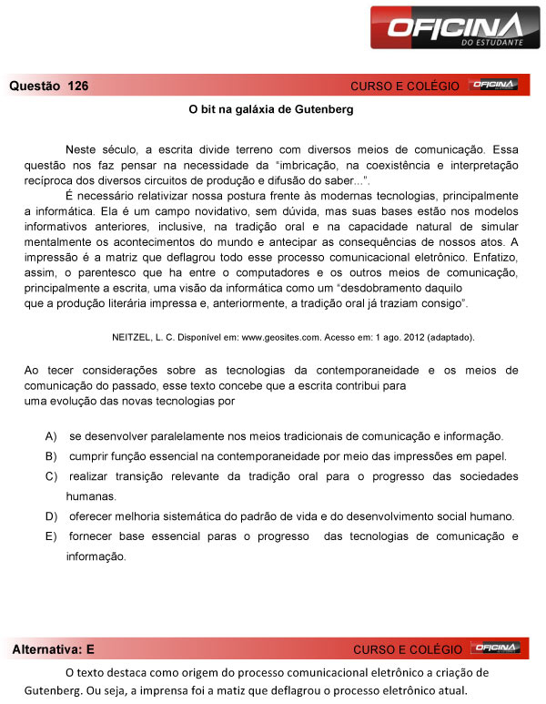 Enem 2013 &ndash; Corre&ccedil;&atilde;o da quest&atilde;o  126 &ndash; Linguagens e C&oacute;digos
