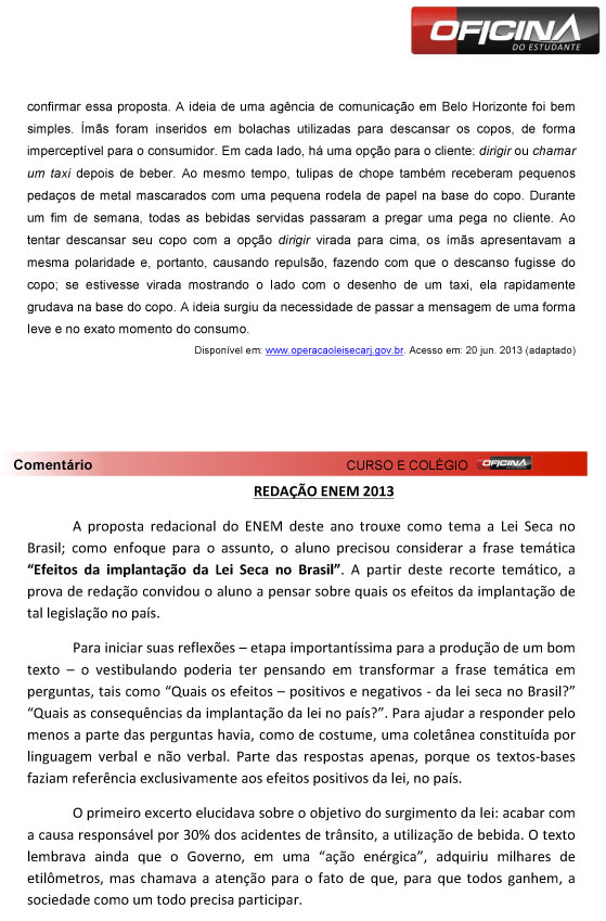 Enem 2013 – Correção redação: ?Efeitos da implantação da Lei Seca no Brasil?