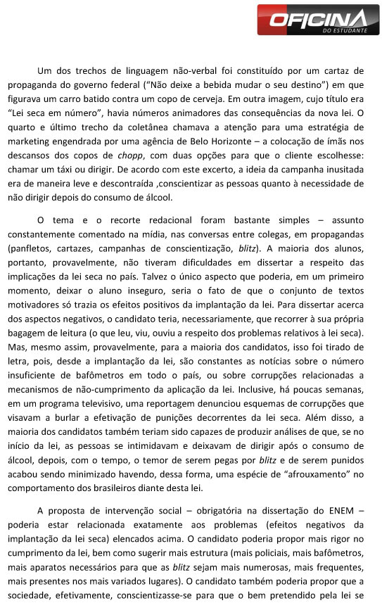 Enem 2013 &ndash; Corre&ccedil;&atilde;o reda&ccedil;&atilde;o: ?Efeitos da implanta&ccedil;&atilde;o da Lei Seca no Brasil?
