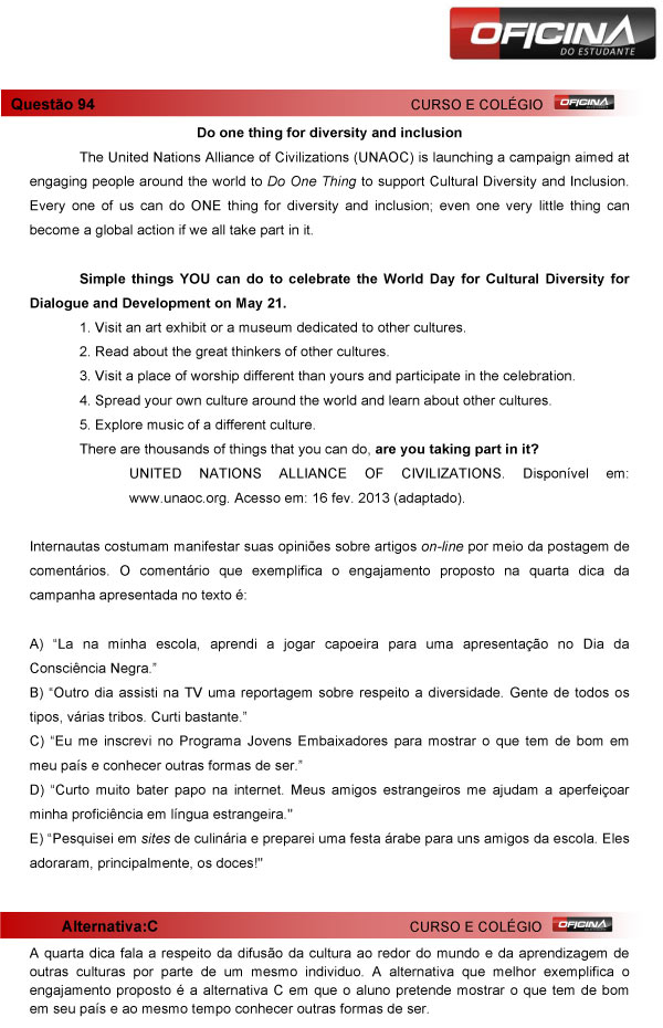 Enem 2013 – Correção da questão 94 – Linguagens e Códigos