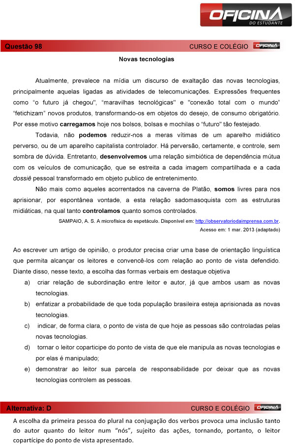 Enem 2013 &ndash; Corre&ccedil;&atilde;o da quest&atilde;o  98 &ndash; Linguagens e C&oacute;digos