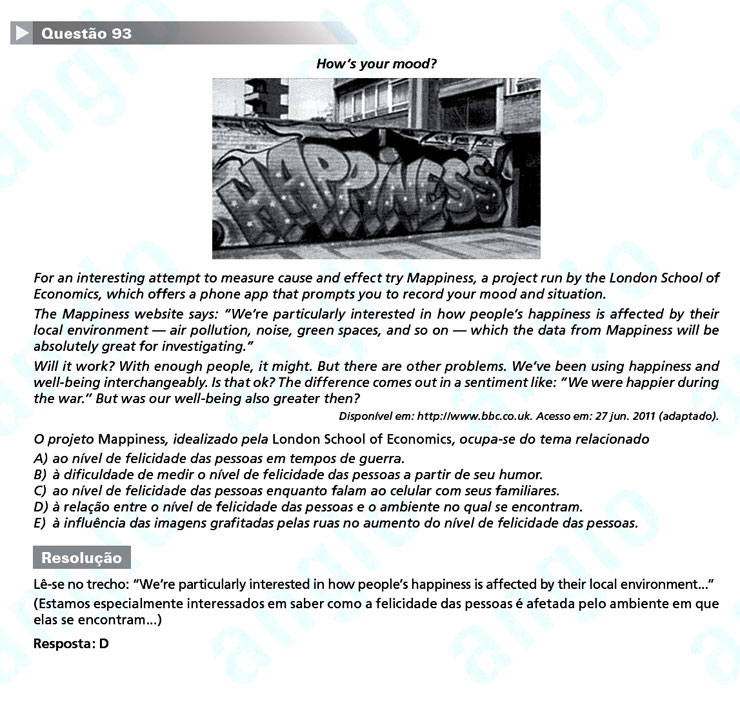 Enem 2011: Quest&atilde;o 93 (ingl&ecirc;s) &ndash; Linguagens e C&oacute;digos (prova amarela)