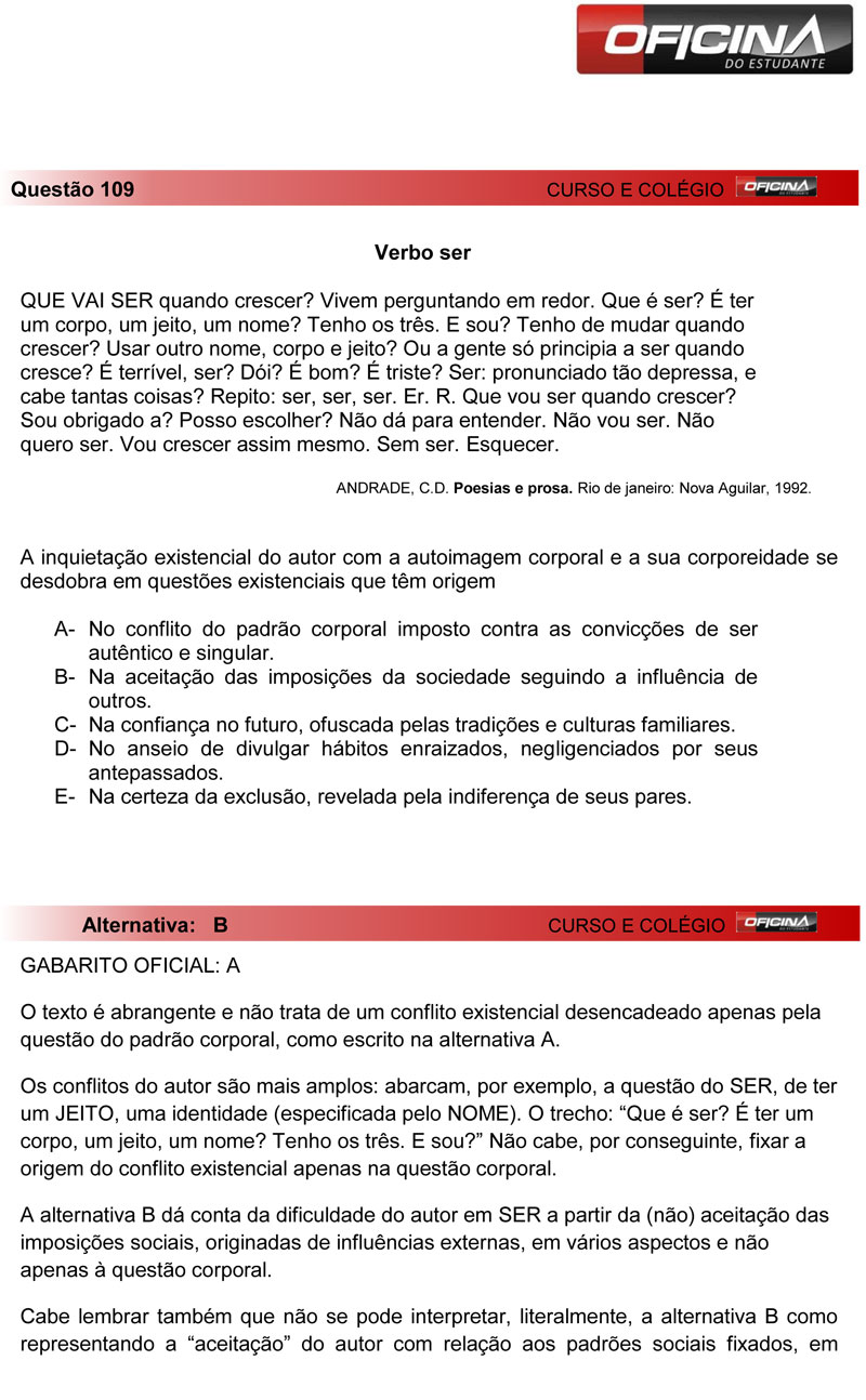 Veja coment&aacute;rio sobre a quest&atilde;o 109 da prova amarela do Enem 2012