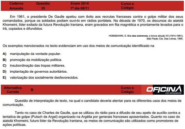 Enem 2014: corre&ccedil;&atilde;o da quest&atilde;o 35