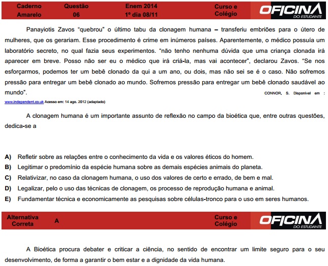 Enem 2014: corre&ccedil;&atilde;o da quest&atilde;o 6