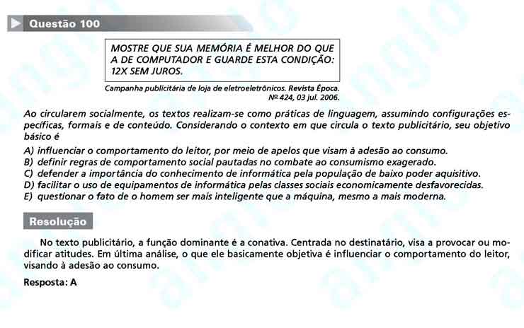 Enem 2010: Quest&atilde;o 100 &ndash; Linguagens e C&oacute;digos (prova amarela)
