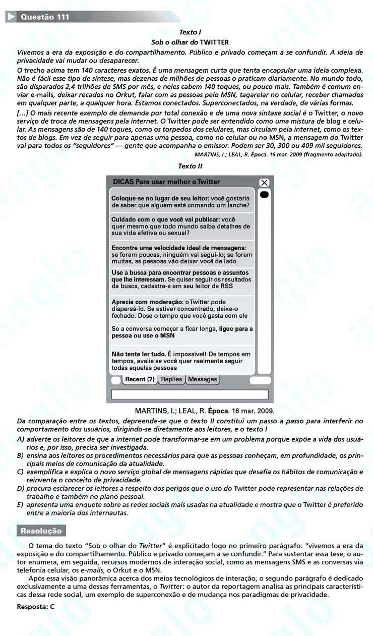 Enem 2010: Quest&atilde;o 111 &ndash; Linguagens e C&oacute;digos (prova amarela)