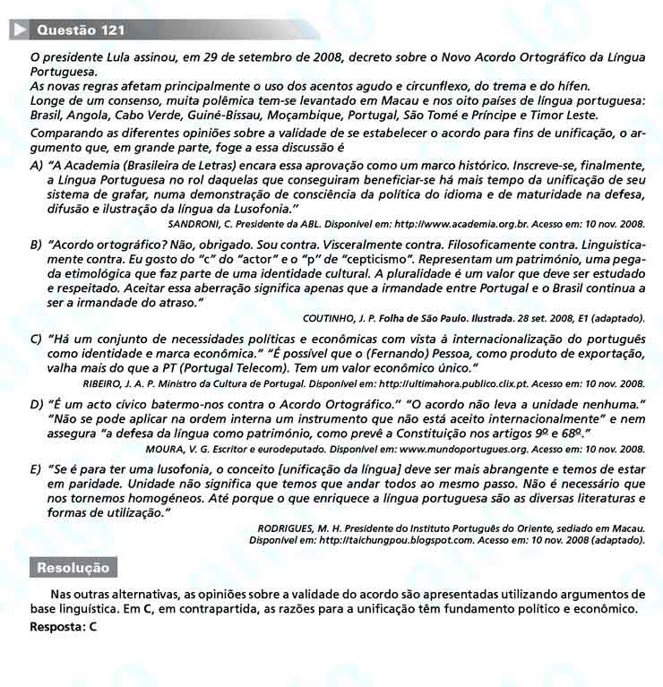 Enem 2010: Quest&atilde;o 121 &ndash; Linguagens e C&oacute;digos (prova amarela)