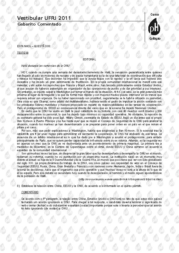 UFRJ 2011: Quest&atilde;o 8 &ndash; Espanhol