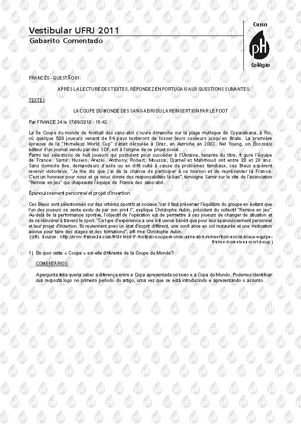 UFRJ 2011: Quest&atilde;o 1 &ndash; Franc&ecirc;s