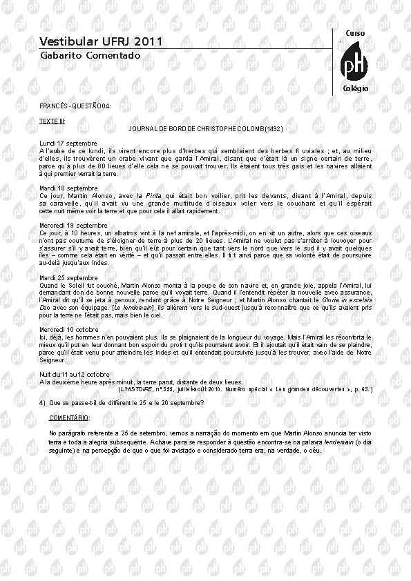 UFRJ 2011: Quest&atilde;o 4 &ndash; Franc&ecirc;s