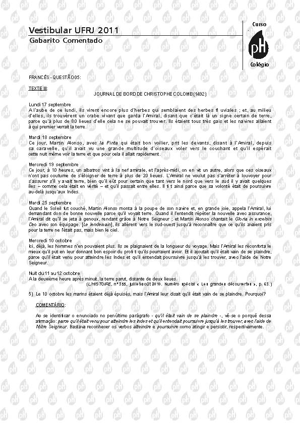 UFRJ 2011: Quest&atilde;o 5 &ndash; Franc&ecirc;s