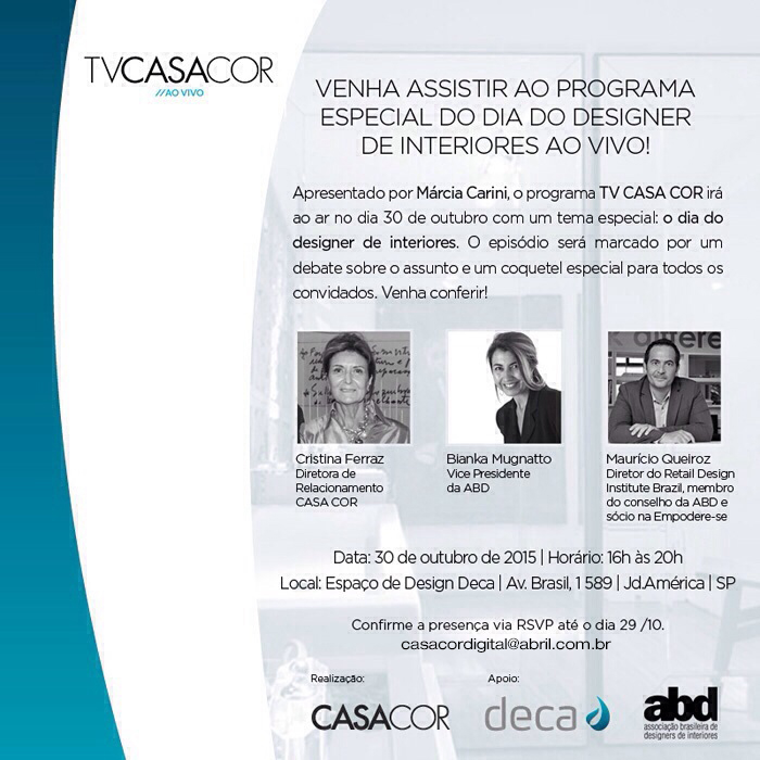 Participe do TV CASA COR ao VIVO no Dia do Designer de Interiores!