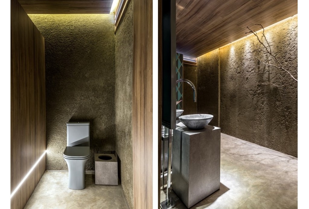 Mistura de texturas e cores no Lavabo Público da CASACOR Brasília